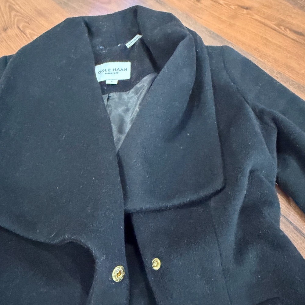 Cole Haan women's Wool Blend Belted Wrap Peacoat, Sz 2 Black - Picture 7 of 9